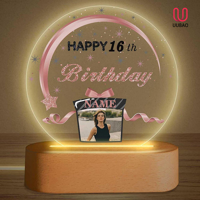 UUBAO Personalized Happy Birthday Night Light Gift with Photo Customized Acrylic Lamp for Her Mom Daughter Grandma Nana(Rose Gold and Black)