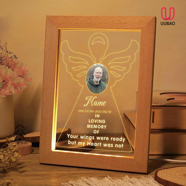 UUBAO Personalized Memorial Gift Night Light Customized Light Up Picture Frames Acrylic Led Plaque Lamp Sympathy Remembrance Gift(Angel Wing)