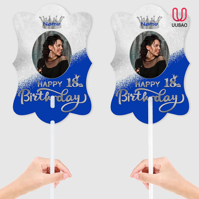 UUBAO Custom Happy Birthday Face Cutout Fans Personalized Photo Prop Signs for Birthday Party(Blue and Silver)