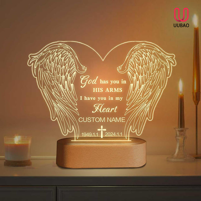 UUBAO Personalized Memorial Gift 3D Carved Night Light Customized Light Up Acrylic Plaque Lamp Sympathy Bereavement Remembrance Gift(Wings)