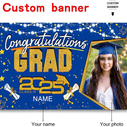 UUBAO Custom Graduation Party Decorations Personalization Banner Class of 2025 Backdrop (Blue and Gold)