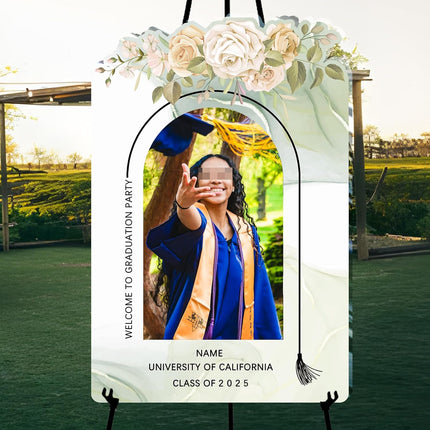 UUBAO Customized Welcome Sign for Graduation Party Personalized Acrylic Sign with Photo Name Class of 2025 Graduation Decor(Carving flowers)