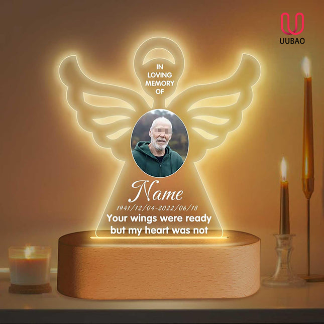UUBAO Personalized Memorial Gift Photo Night Light Customized Light Up Acrylic Plaque Lamp Sympathy Bereavement Remembrance Gift(Angel Wing)