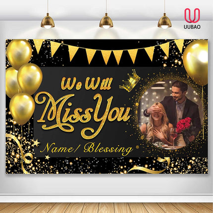 UUBAO Custom We Will Miss You Decorations Banner,Farewell Going Away Party for Anniversary Retirement Graduation Party(Black Gold)