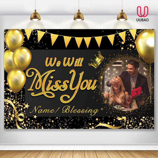 UUBAO Custom We Will Miss You Decorations Banner,Farewell Going Away Party for Anniversary Retirement Graduation Party(Black Gold)