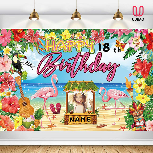 UUBAO Custom Happy Birthday Banner Flamingo Themed Party Decoration Tropical Floral Photo Booth Hawaiian Party Decoration for Luau Beach