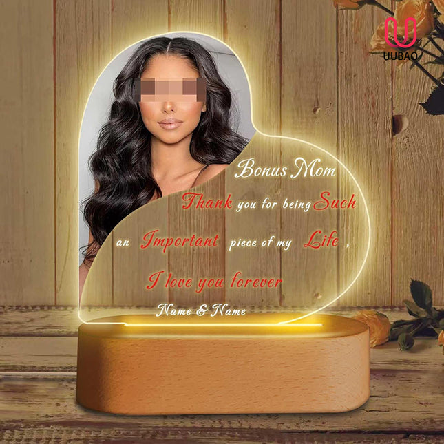 UUBAO Personalized Mother's Day Night Light Gift with Wooden Base Custom Photo Acrylic Plaque LED Night Lamp Gift for Bonus Mom