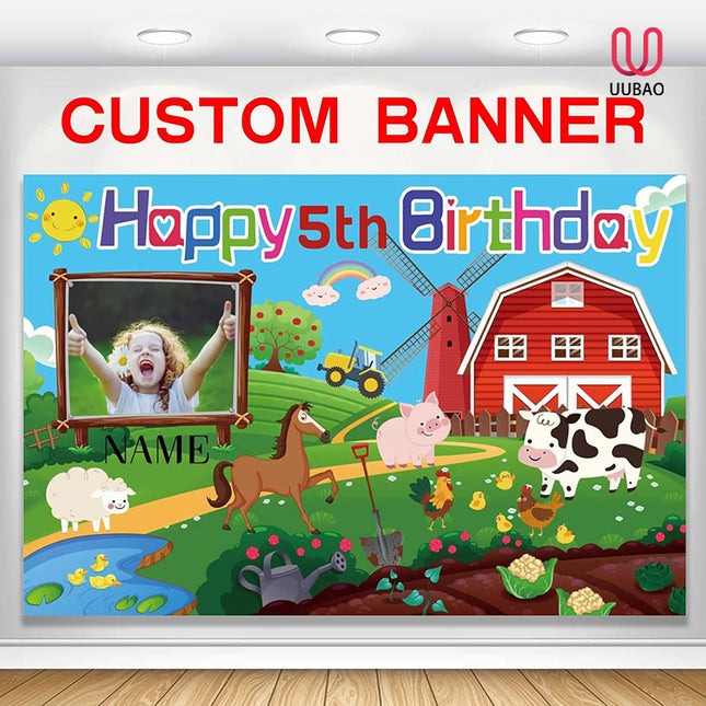 UUBAO Custom Farm Animal Happy Birthday Party Decorations Barn Cow Farmhouse Birthday Backdrop Banner