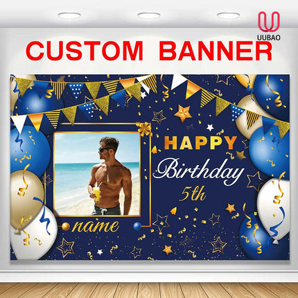 UUBAO Custom Navy Blue and Gold Happy Birthday Sign Birthday Party Decorations Supplies