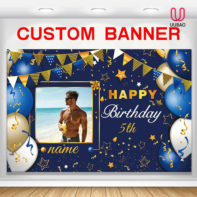 UUBAO Custom Navy Blue and Gold Happy Birthday Sign Birthday Party Decorations Supplies