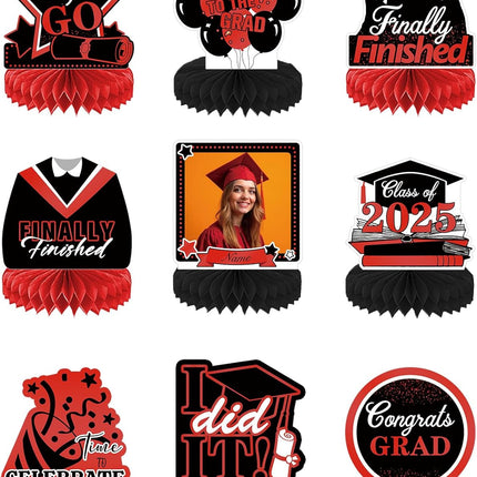 UUBAO 9 PCS Custom Graduation Party Honeycomb Centerpieces Class of 2025 Congrats Grad Decorations Congratulate Graduation Table Toppers for Graduation Party Favor Supplies (Red)