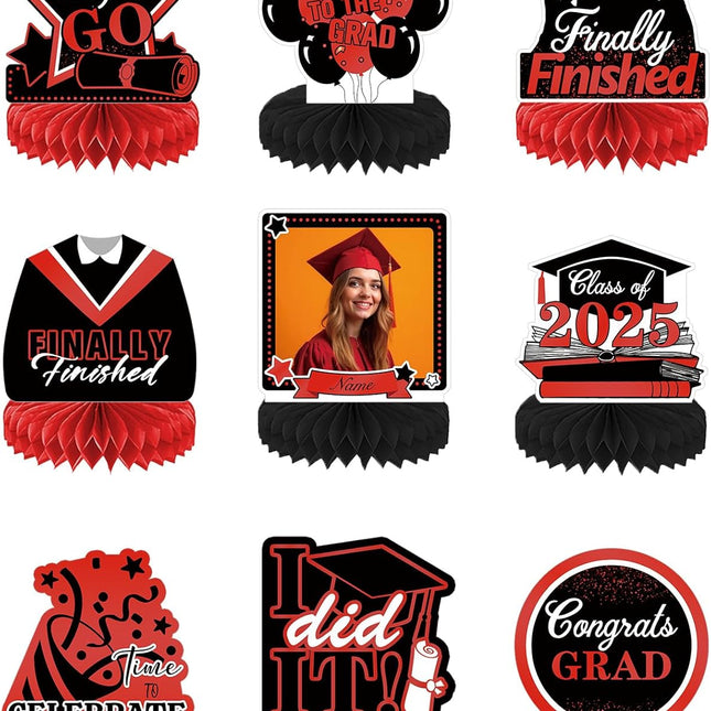 UUBAO 9 PCS Custom Graduation Party Honeycomb Centerpieces Class of 2025 Congrats Grad Decorations Congratulate Graduation Table Toppers for Graduation Party Favor Supplies (Red)