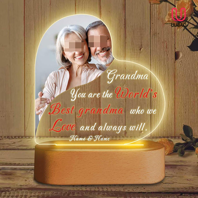 UUBAO Personalized Mother's Day Night Light Gift with Wooden Base Custom Photo Acrylic Plaque LED Night Lamp Gift for Grandma