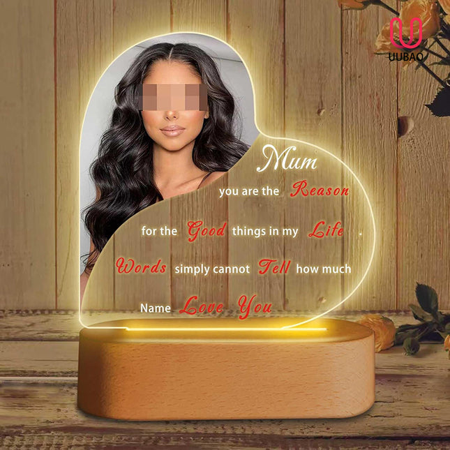UUBAO Personalized Mother's Day Night Light Gift with Wooden Base Custom Photo Acrylic Plaque LED Night Lamp Gift for Mom