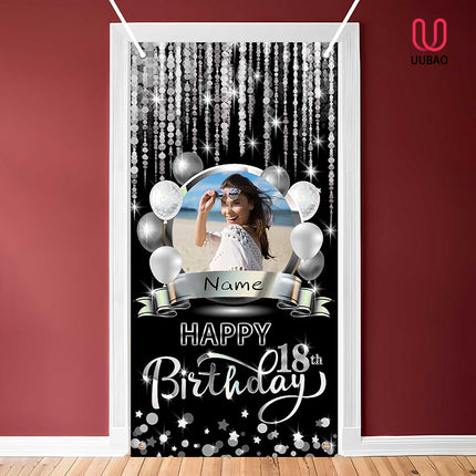 UUBAO Custom Happy Birthday Door Banner Backdrop Birthday Decorations Party Supplies for Women Men(Black and Silver)