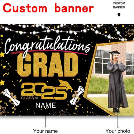 UUBAO Custom Graduation Party Decorations Personalization Banner Class of 2025 Backdrop (Black and Gold)
