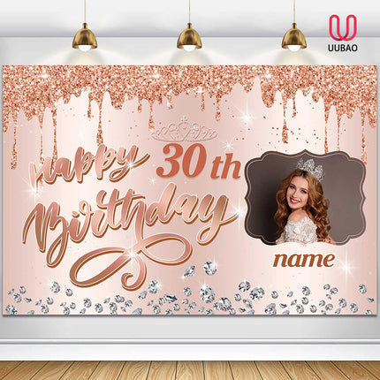 UUBAO Custom Happy Birthday Backdrop Personalization Glitter Diamond Banner for Girls Women(Rose Gold)