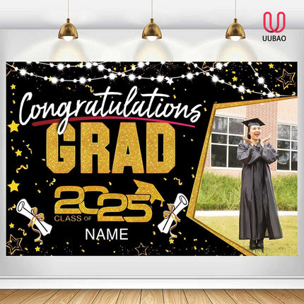 UUBAO Custom Graduation Party Decorations Personalization Banner Class of 2025 Backdrop (Black and Gold)