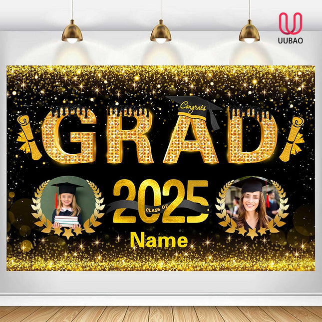 UUBAO Custom Graduation Party Decorations Personalization Banner Class of 2025 Backdrop (Black and Gold)