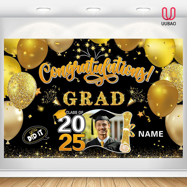 UUBAO Custom Graduation Party Decorations Personalization Banner Class of 2025 Backdrop (Black and Gold)