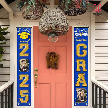 UUBAO Custom Graduation Party Decorations 2025 Personalization Congrats Grad Banner Graduation Front Door Porch Sign Backdrop(Blue and Gold)