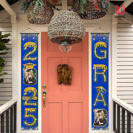 UUBAO Custom Graduation Party Decorations 2025 Personalization Congrats Grad Banner Graduation Front Door Porch Sign Backdrop(Blue and Gold)