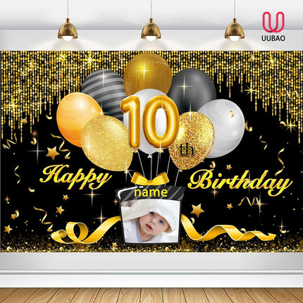 UUBAO Custom Black Gold Theme Birthday Banner for Party Happy Birthday Backdrop Decoration Personalized with Name and Photo