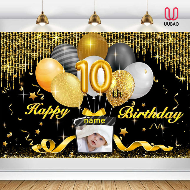 UUBAO Custom Black Gold Theme Birthday Banner for Party Happy Birthday Backdrop Decoration Personalized with Name and Photo