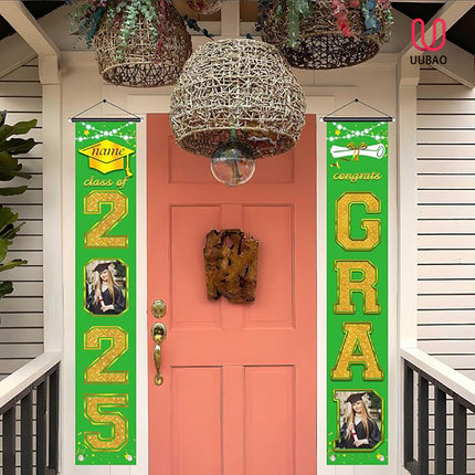 UUBAO Custom Graduation Party Decorations 2025 Personalization Congrats Grad Banner Graduation Front Door Porch Sign Backdrop(Light Green and Gold)