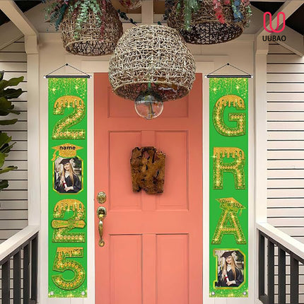 UUBAO Custom Graduation Party Decorations 2025 Personalization Congrats Grad Banner Graduation Front Door Porch Sign Backdrop(Light Green and Gold)