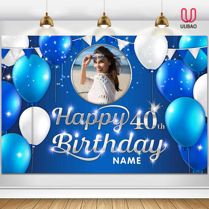 UUBAO Custom Navy Blue Theme Birthday Banner for Party Happy Birthday Backdrop Decoration Personalized with Name and Photo