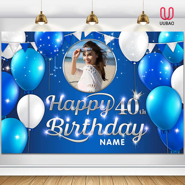 UUBAO Custom Navy Blue Theme Birthday Banner for Party Happy Birthday Backdrop Decoration Personalized with Name and Photo