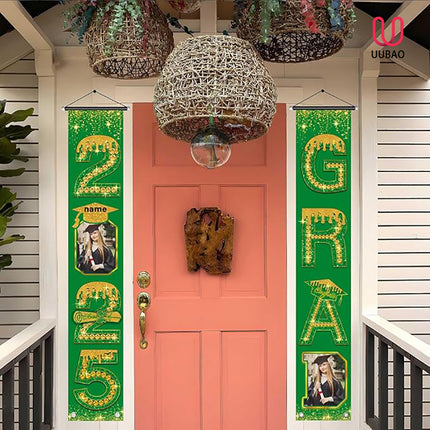 UUBAO Custom Graduation Party Decorations 2025 Personalization Congrats Grad Banner Graduation Front Door Porch Sign Backdrop(Dark Green and Gold)