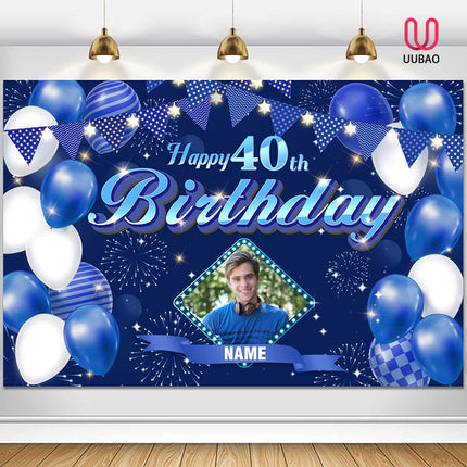 UUBAO Custom Navy Blue Theme Birthday Banner for Party Happy Birthday Backdrop Decoration Personalized with Name and Photo