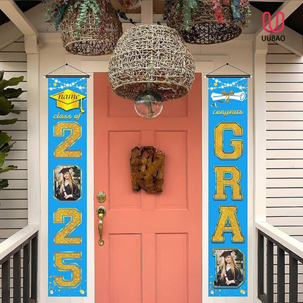 UUBAO Custom Graduation Party Decorations 2025 Personalization Congrats Grad Banner Graduation Front Door Porch Sign Backdrop(Sky Blue and Gold)