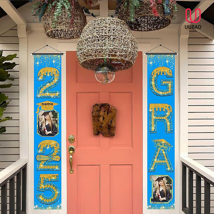 UUBAO Custom Graduation Party Decorations 2025 Personalization Congrats Grad Banner Graduation Front Door Porch Sign Backdrop(Sky Blue and Gold)