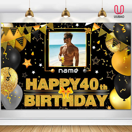 UUBAO Custom Black Gold Theme Birthday Banner for Party Happy Birthday Backdrop Decoration Personalized with Name and Photo