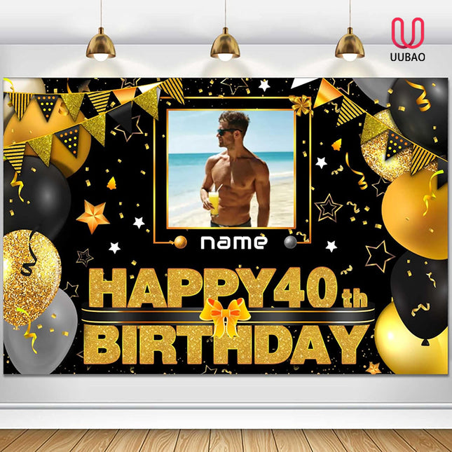 UUBAO Custom Black Gold Theme Birthday Banner for Party Happy Birthday Backdrop Decoration Personalized with Name and Photo