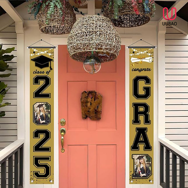 UUBAO Custom Graduation Party Decorations 2025 Personalization Congrats Grad Banner Graduation Front Door Porch Sign Backdrop(Champagne)