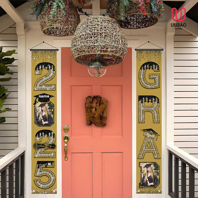 UUBAO Custom Graduation Party Decorations 2025 Personalization Congrats Grad Banner Graduation Front Door Porch Sign Backdrop(Champagne)