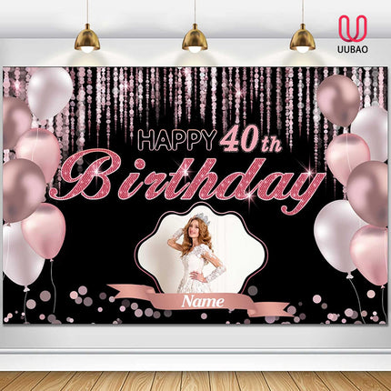 UUBAO Custom Rose Gold Pink Theme Birthday Banner for Party Happy Birthday Backdrop Decoration Personalized with Name and Photo