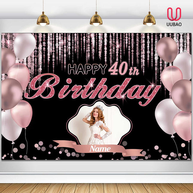 UUBAO Custom Rose Gold Pink Theme Birthday Banner for Party Happy Birthday Backdrop Decoration Personalized with Name and Photo