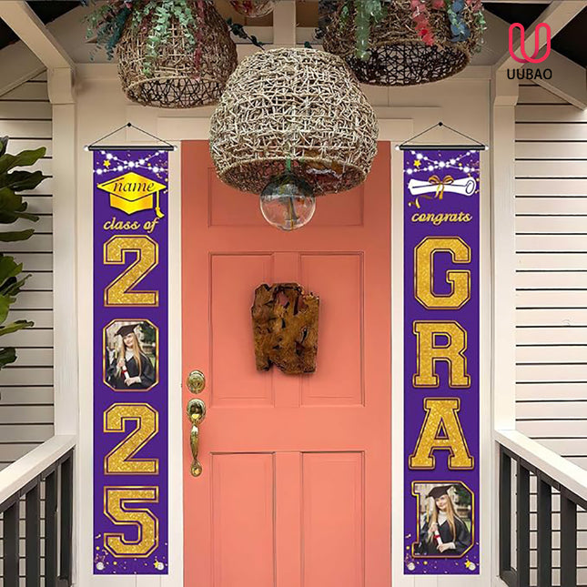UUBAO Custom Graduation Party Decorations 2025 Personalization Congrats Grad Banner Graduation Front Door Porch Sign Backdrop(Purple and Gold)