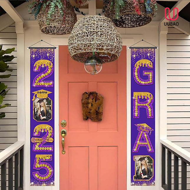 UUBAO Custom Graduation Party Decorations 2025 Personalization Congrats Grad Banner Graduation Front Door Porch Sign Backdrop(Purple and Gold)