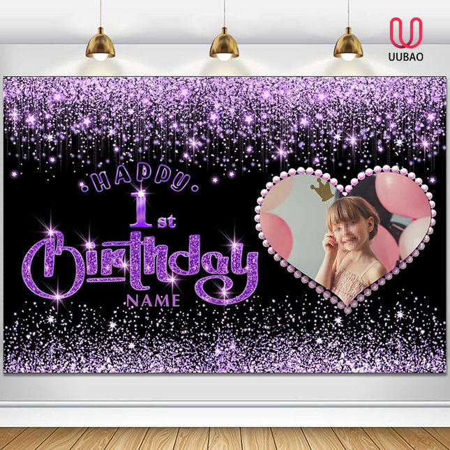 UUBAO Custom Happy Birthday Backdrop Personalization Glitter DiamondBanner for Girls Women(Purple)