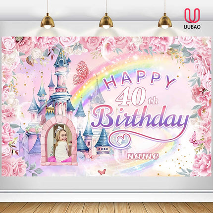 UUBAO Custom Castle and Princess Theme Birthday Decorations Banner Personalized Fabric Banner Birthday Party Supplies for Girls