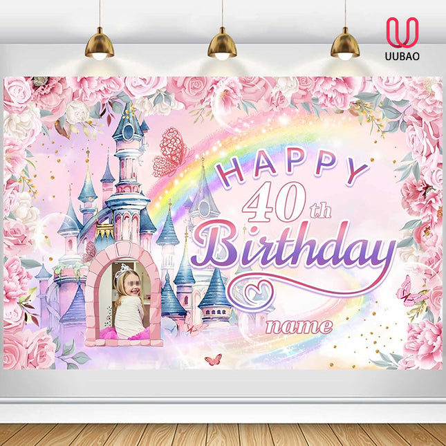 UUBAO Custom Castle and Princess Theme Birthday Decorations Banner Personalized Fabric Banner Birthday Party Supplies for Girls