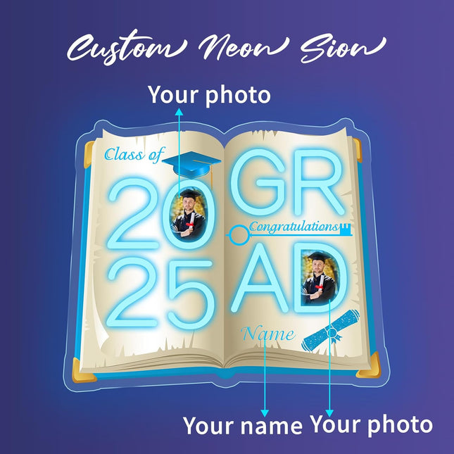 UUBAO Personalized Graduation Gift Neon Signs Congrats Grad LED Light Signs with Photo 2025 Party Backdrop Light Sign Decor (Sky Blue)