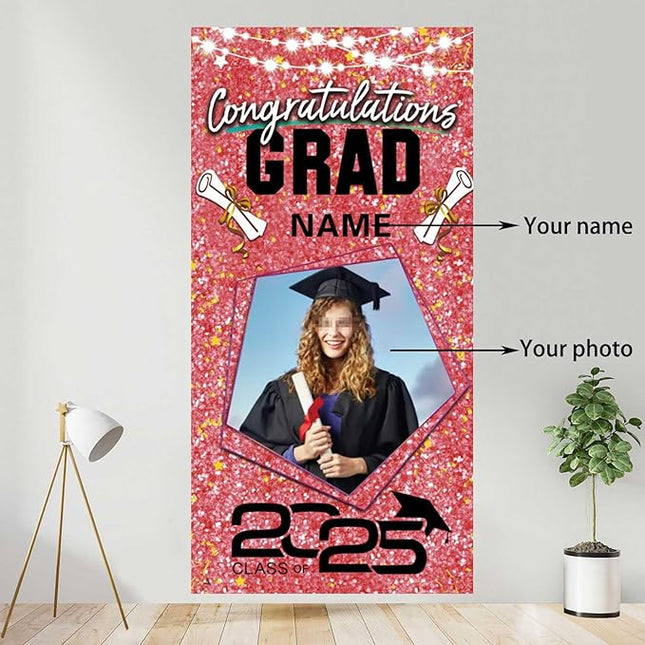 UUBAO Custom Graduation Party Decorations Personalization Banner Class of 2025 Backdrop Door Cover (Pink)