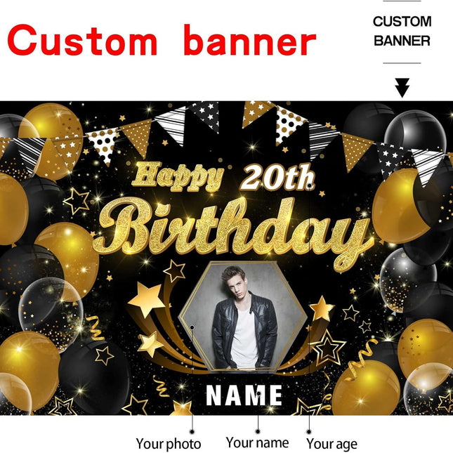 UUBAO Custom Black Gold Theme Birthday Banner for Party Happy Birthday Backdrop Decoration Personalized with Name and Photo